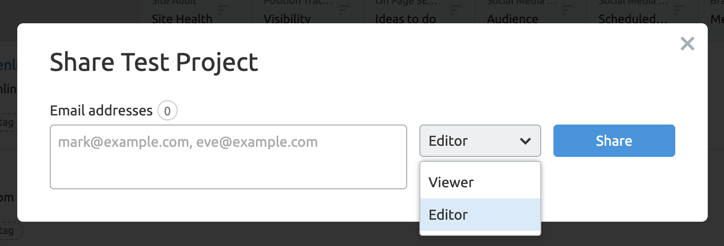Pop up screen when sharing a project. The drop down menu showers viewer and editor options. 